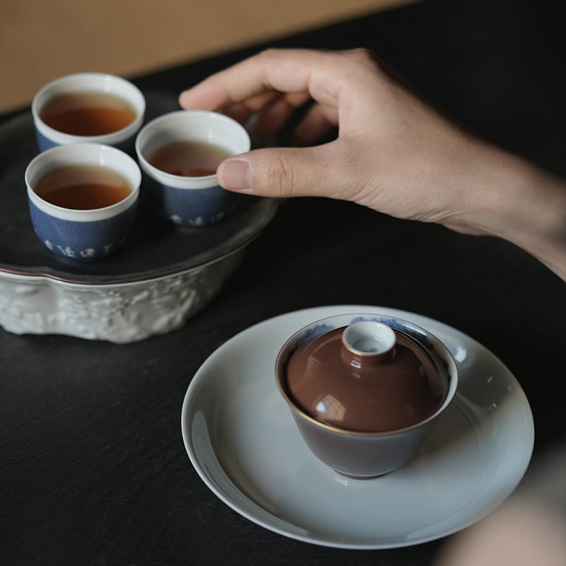 Jingdezhen Powder Blue Script Teacups (Set of 3) 景德镇洒蓝诗文品茗杯（三枚入）