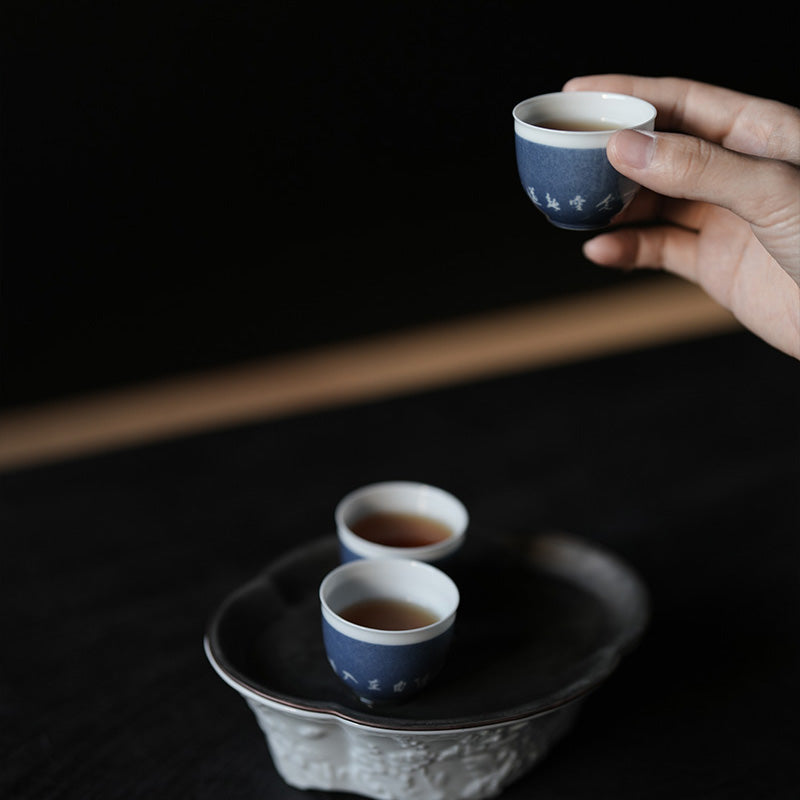 Jingdezhen Powder Blue Script Teacups (Set of 3) 景德镇洒蓝诗文品茗杯（三枚入）