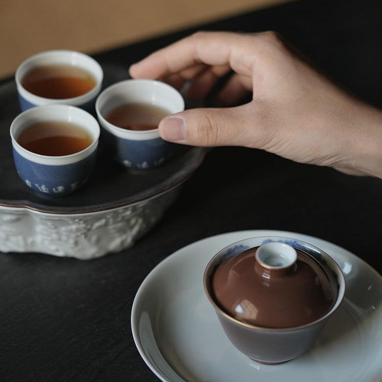 Jingdezhen Powder Blue Script Teacups (Set of 3) 景德镇洒蓝诗文品茗杯（三枚入）