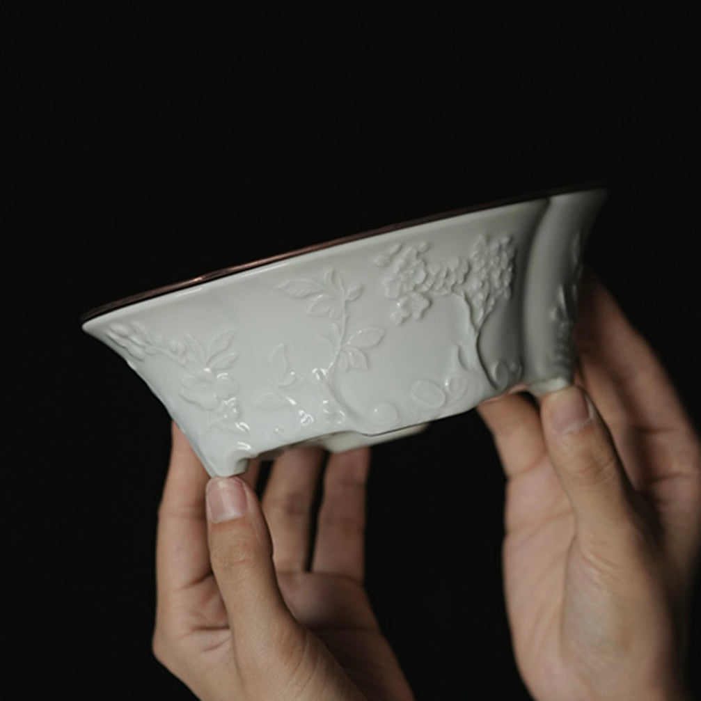 Jingdezhen Begonia Carved Teaboat with Pewter Lid (Chachan / Hu-Cheng) 景德镇海棠雕刻锡盖茶船（壶承）