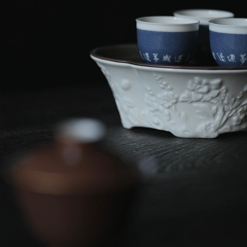 Jingdezhen Begonia Carved Teaboat with Pewter Lid (Chachan / Hu-Cheng) 景德镇海棠雕刻锡盖茶船（壶承）