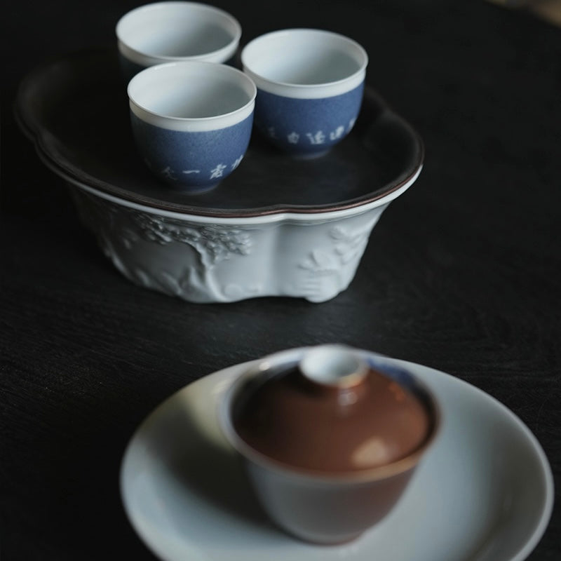 Jingdezhen Begonia Carved Teaboat with Pewter Lid (Chachan / Hu-Cheng) 景德镇海棠雕刻锡盖茶船（壶承）