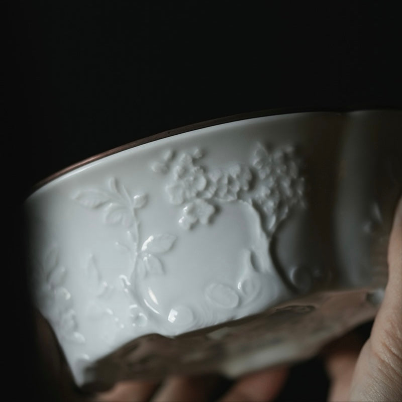 Jingdezhen Begonia Carved Teaboat with Pewter Lid (Chachan / Hu-Cheng) 景德镇海棠雕刻锡盖茶船（壶承）