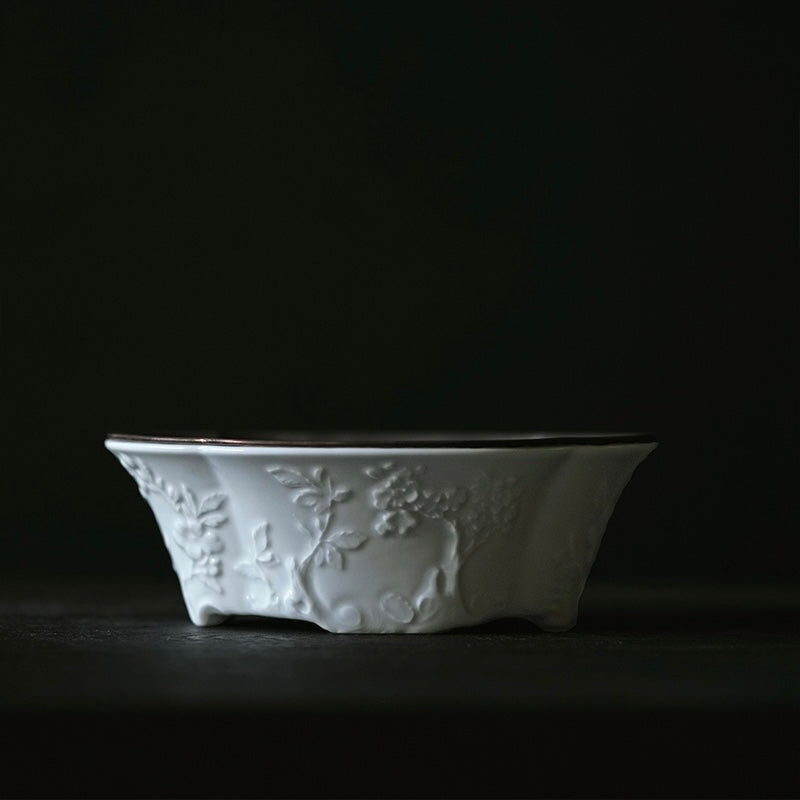 Jingdezhen Begonia Carved Teaboat with Pewter Lid (Chachan / Hu-Cheng) 景德镇海棠雕刻锡盖茶船（壶承）