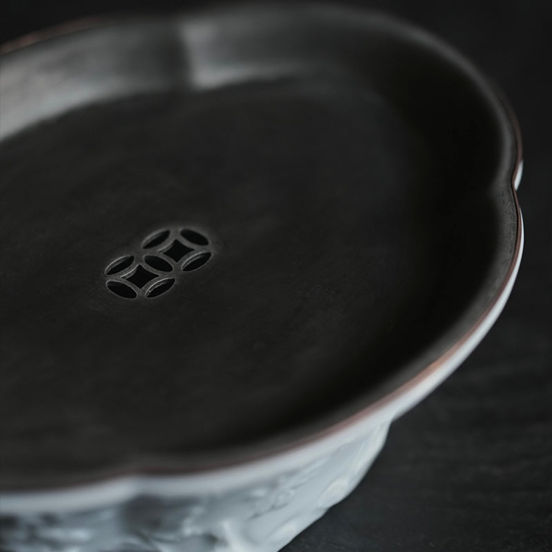 Jingdezhen Begonia Carved Teaboat with Pewter Lid (Chachan / Hu-Cheng) 景德镇海棠雕刻锡盖茶船（壶承）
