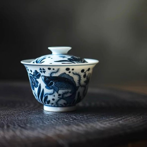 GaiWan - Jingdezhen Blue and White Porcelain Fish and Algae Pattern Gaiwan